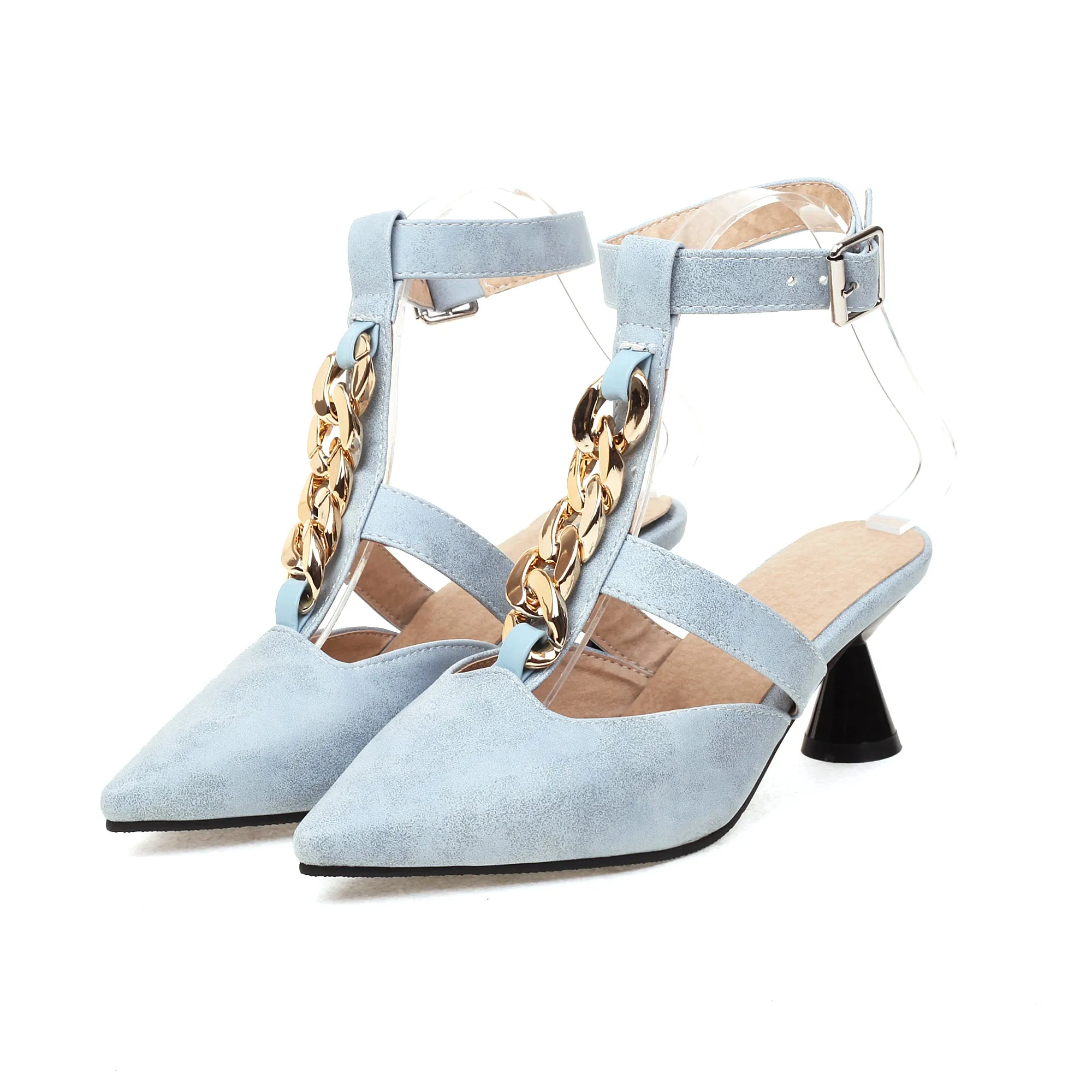 Bigsizeheels Wine Glass Heel Metal Chain Pointed Toe Sandals - Light blue