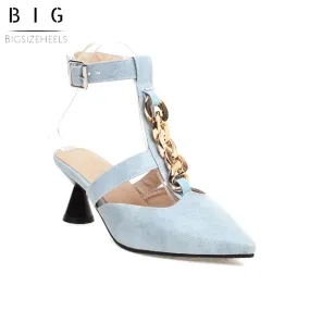 Bigsizeheels Wine Glass Heel Metal Chain Pointed Toe Sandals - Light blue