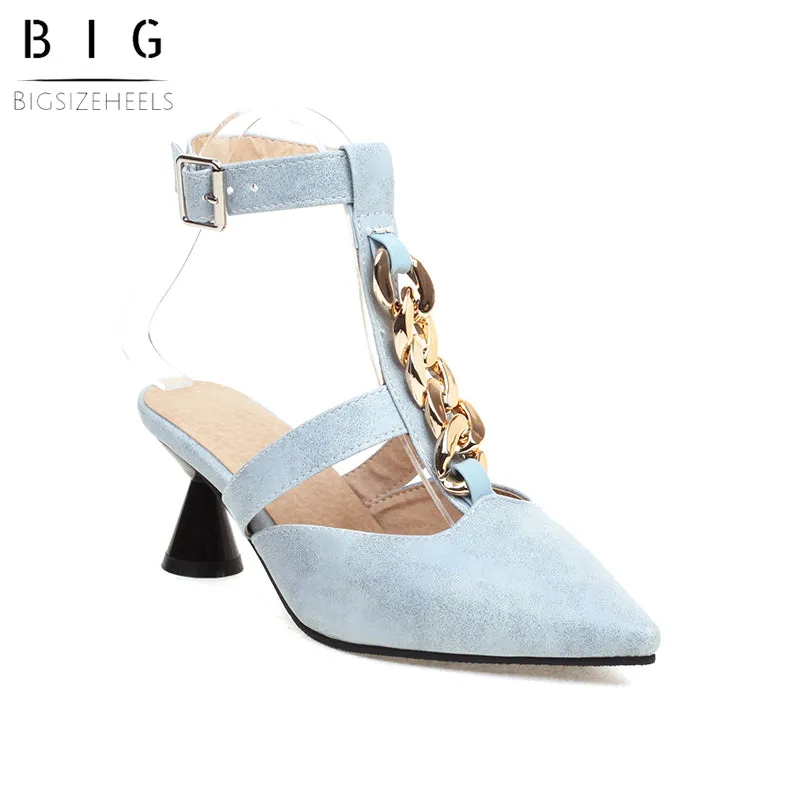 Bigsizeheels Wine Glass Heel Metal Chain Pointed Toe Sandals - Light blue