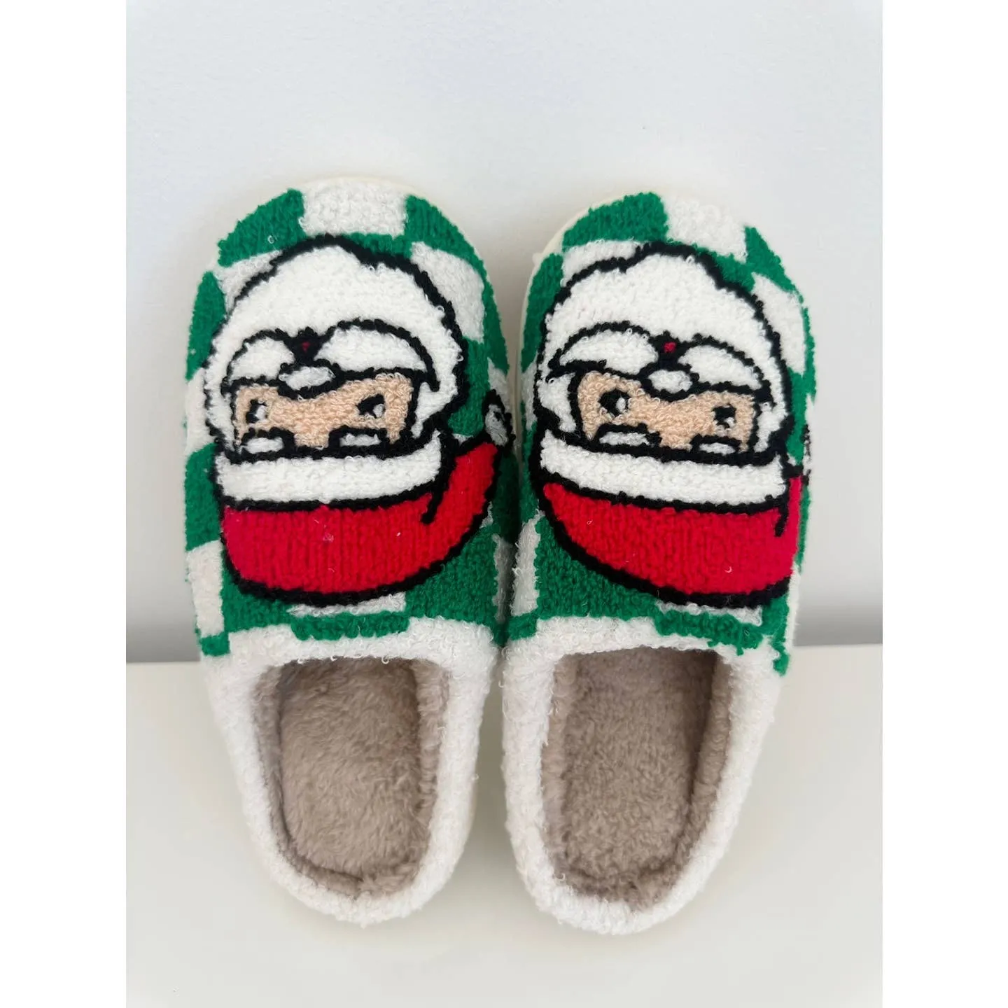 Festive Santa Green Checkered Cozy Slippers