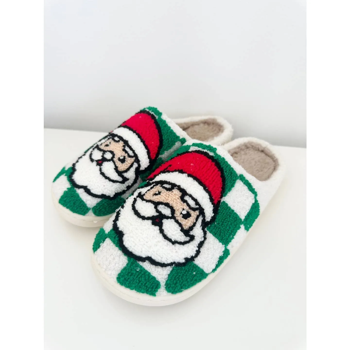 Festive Santa Green Checkered Cozy Slippers