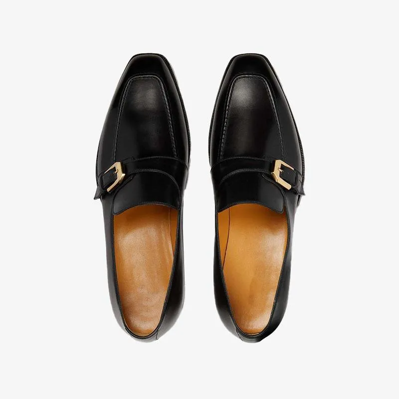 Single-Sided Gold Buckle Calfskin Loafers