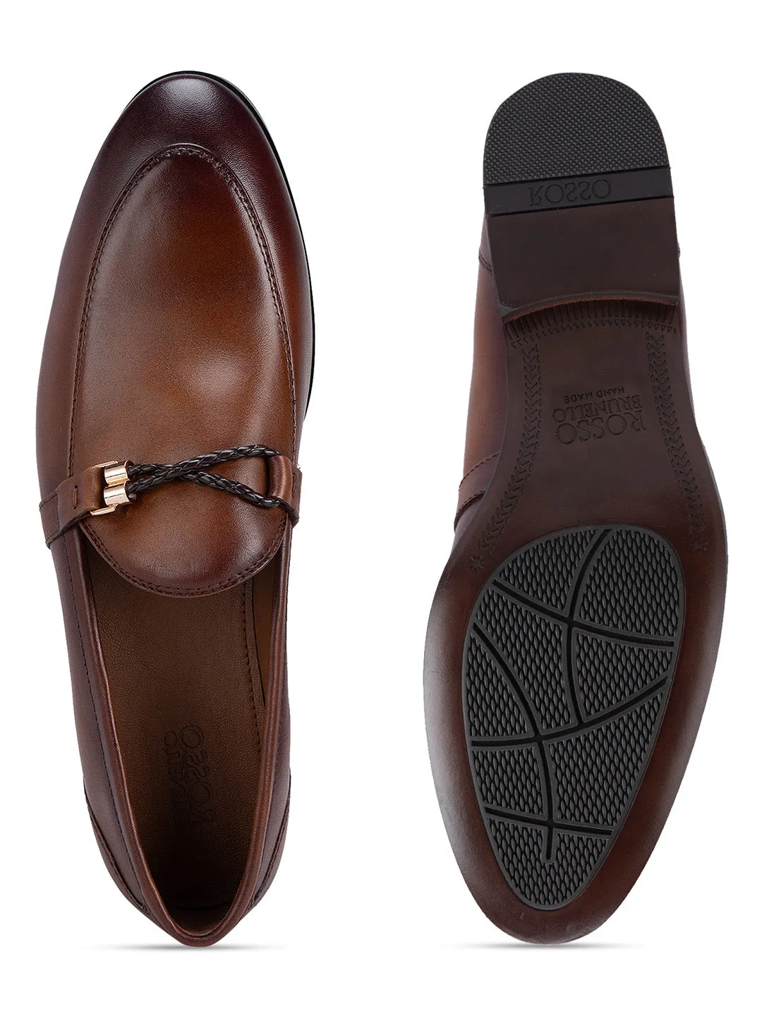 Tan Braided Leather Loafers