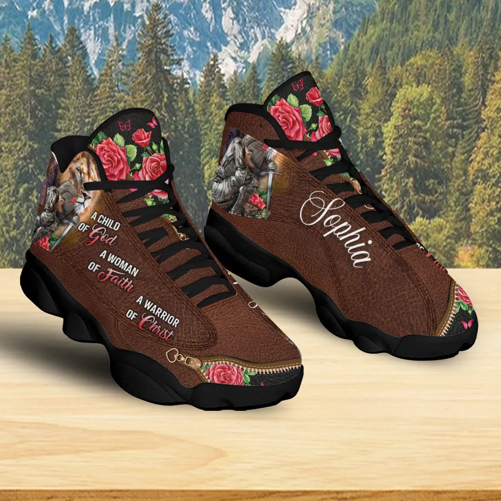 Teesdily | Custom Woman Warrior Of God Basketball Shoes, Jesus Lion Rose Running Shoes, Child Of God Sneaker Shoes Gift For Mom