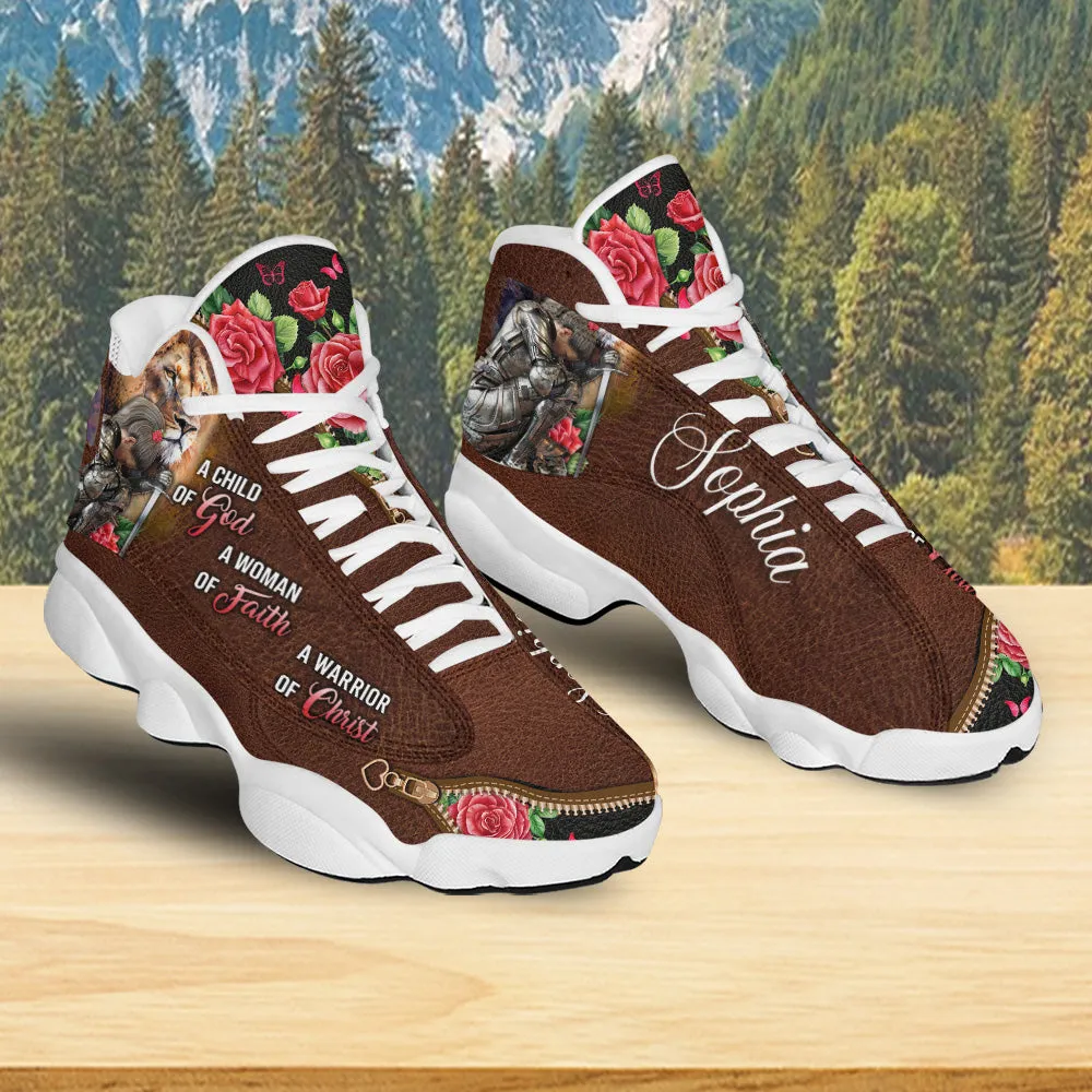 Teesdily | Custom Woman Warrior Of God Basketball Shoes, Jesus Lion Rose Running Shoes, Child Of God Sneaker Shoes Gift For Mom