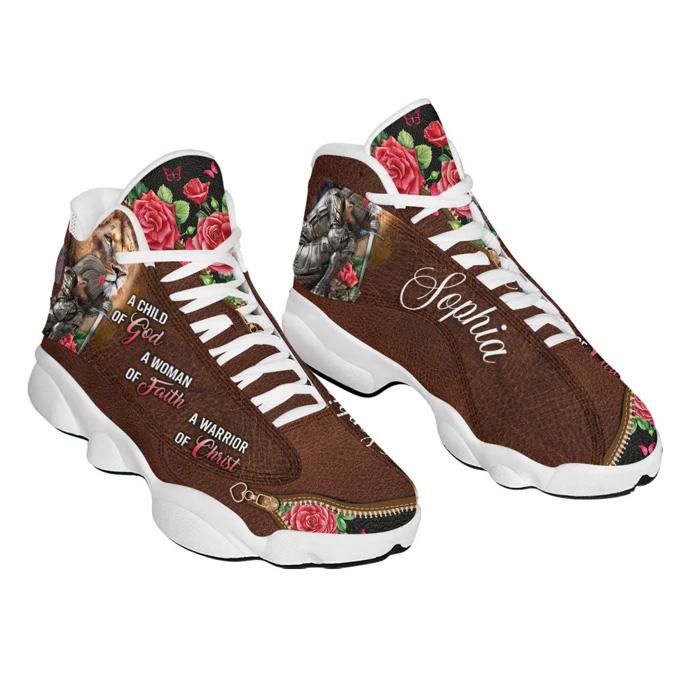 Teesdily | Custom Woman Warrior Of God Basketball Shoes, Jesus Lion Rose Running Shoes, Child Of God Sneaker Shoes Gift For Mom