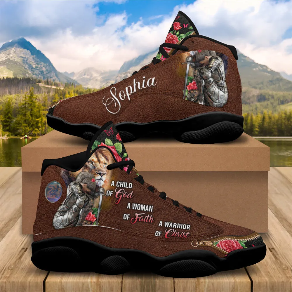 Teesdily | Custom Woman Warrior Of God Basketball Shoes, Jesus Lion Rose Running Shoes, Child Of God Sneaker Shoes Gift For Mom