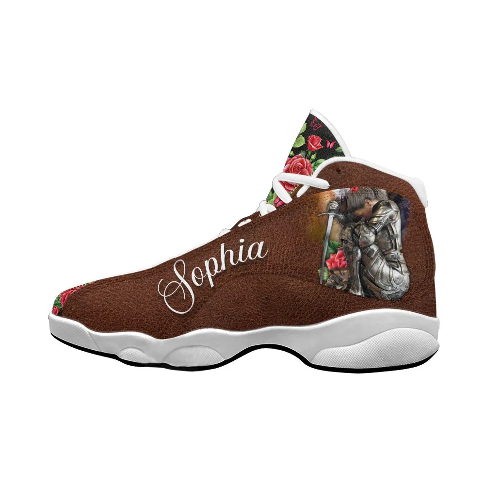 Teesdily | Custom Woman Warrior Of God Basketball Shoes, Jesus Lion Rose Running Shoes, Child Of God Sneaker Shoes Gift For Mom