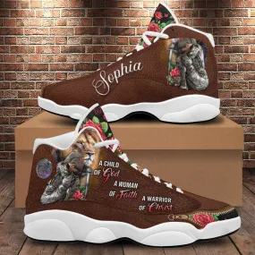 Teesdily | Custom Woman Warrior Of God Basketball Shoes, Jesus Lion Rose Running Shoes, Child Of God Sneaker Shoes Gift For Mom