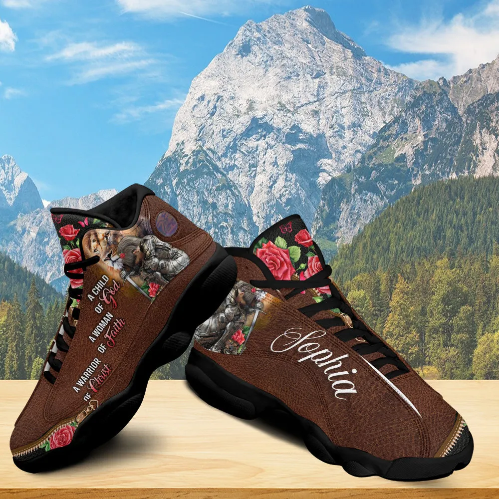 Teesdily | Custom Woman Warrior Of God Basketball Shoes, Jesus Lion Rose Running Shoes, Child Of God Sneaker Shoes Gift For Mom